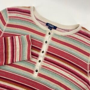 Chaps Henley Top Womens 1X Multi Color Striped Waffle Knit Thermal Long Sleeve